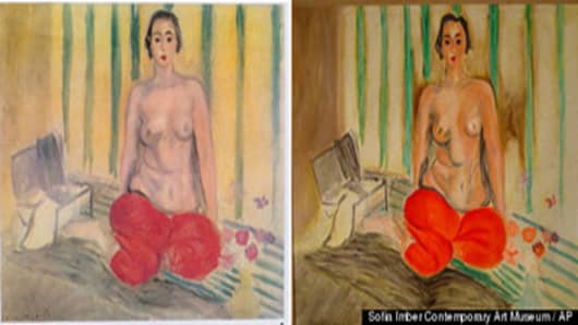 The original painting by Henri Matisse titled "Odalisque in Pants," left, is seen next to a fake version, that was on display in the Sofia Imber Contemporary Art Museum of Caracas, Venezuela. The museum bought it in 1981.