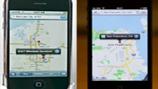 iPhone Google Map (L) and Apple's new mapping app (R).
