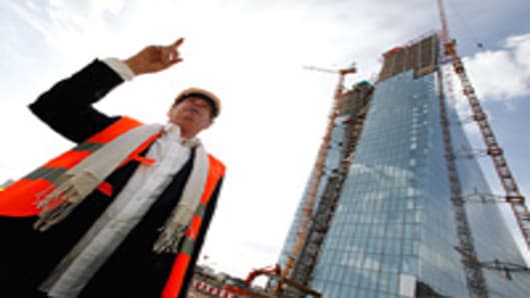 Austrian architect Wolf Prix of CooP Himmelblau gestures during a media tour of the the new European Central Bank (ECB) headquarters on September 20, 2012 in Frankfurt, Germany. The new, twin-tower headquarters is scheduled for completion by 2014.