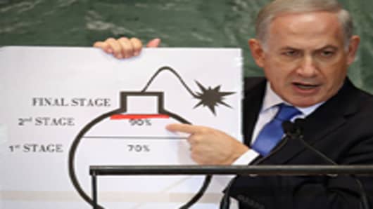 Benjamin Netanyahu, Prime Minister of Israel, points to a red line he drew on a graphic of a bomb while addressing the United Nations General Assembly on September 27, 2012 in New York City.