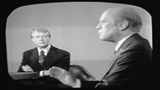 Screen capture shows the second presidential debate between American president Gerald Ford and challenger governor Jimmy Carter of Georgia, San Francisco, California, October 6, 1976. Carter went on to win by a narrow margin.