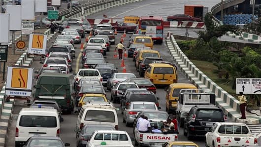 Traffic on a busy road in Lagos, Nigeria