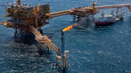 Gas is flared off from a Petroleos Mexicanos offshore platform producing oil from the Ku-Maloob-Zaap field in the Gulf of Mexico 65 miles northeast of Ciudad del Carmen, Mexico.