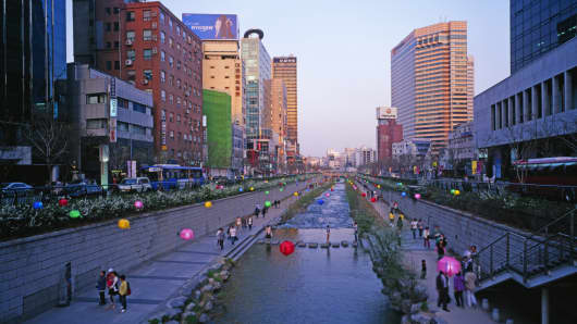 Cheonggyecheon Stream runs through an urban park in Seoul.
