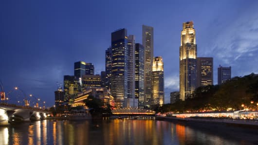 Singapore's business district skyline at dusk
