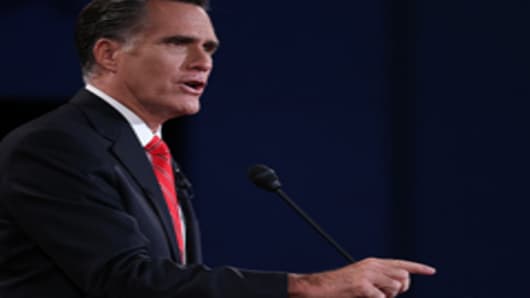 Republican presidential candidate, former Massachusetts Gov. Mitt Romney speaks during the Presidential Debate at the University of Denver on October 3, 2012 in Denver, Colorado.