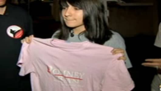 Samantha Pawlucy, showing her Romney/Ryan t-shirt.