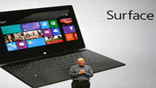 Steve Ballmer, chief executive officer of Microsoft Corp., speaks at a news conference launching the company's Surface tablet computer.
