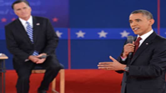 U.S. President Barack Obama and Republican presidential candidate Mitt Romney participate in the second presidential debate at Hofstra University.