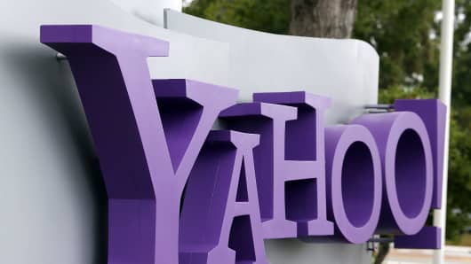 The Yahoo logo is displayed in front of the Yahoo headqarters in Sunnyvale, California.