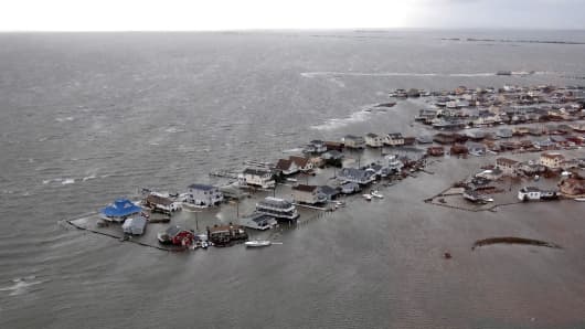 Homes flooded after Hurricane Sandy made landfall coastline in Tuckerton, New Jersey.