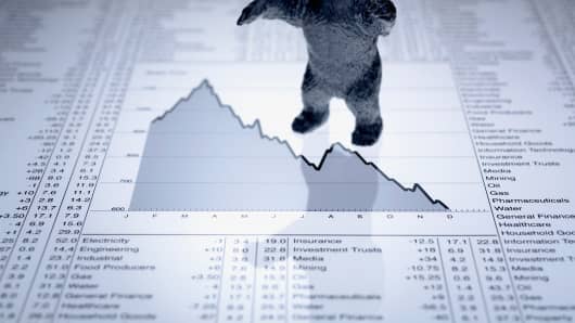Bear statue standing on stock graph