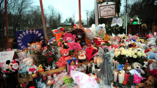 A makeshift shrine for the victims of the Sandy Hook Elementary shooting in Newtown,