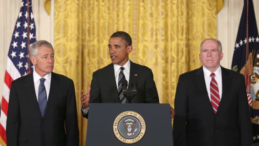 President Obama nominates former Sen. Chuck Hagel (left) as secretary of defense and John Brennan as CIA chief.