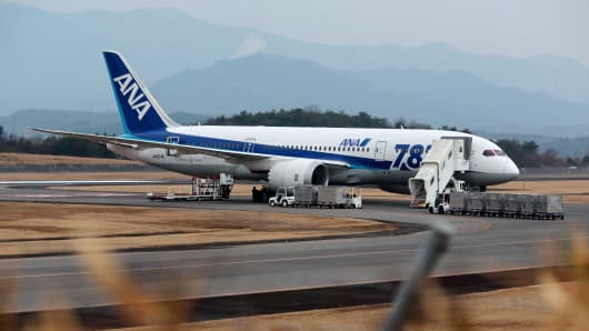 787 Dreamliner aircraft operated by All Nippon Airways Co. (ANA) stands on the tarmac after making an emergency landing in Takamatsu, Japan.