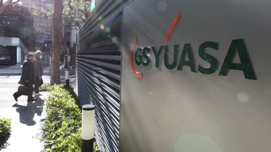 GS Yuasa Corp.'s logo is displayed outside the company's office in Tokyo, Japan.