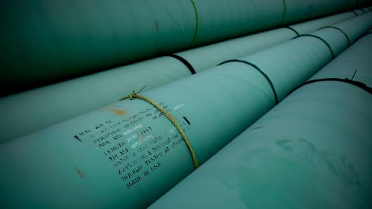 Pipe is stacked at the southern site of the Keystone XL pipeline in Cushing, Oklahoma.