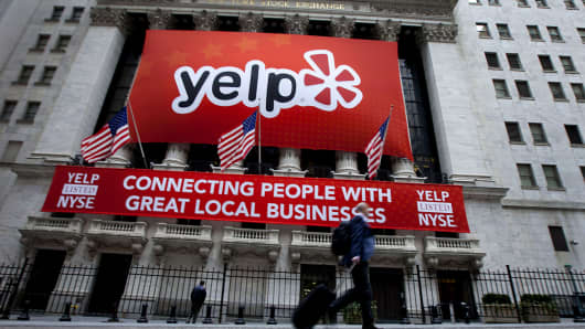 Yelp's banner on the New York Stock Exchange on IPO day,  March 2, 2012.