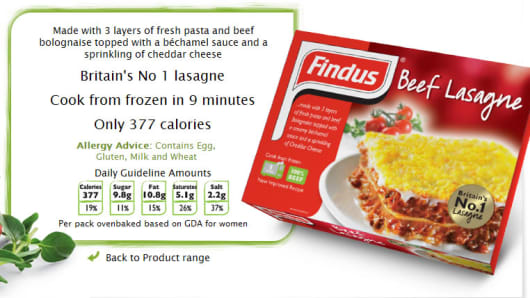 Findus Beef Lasagne found to contain 60 percent horse meat.