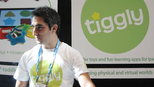 Phyl Georgiou, founder of digital toy startup Tiggly, was among the exhibitors at Toy Fair 2013 in New York City. He's created a series of shapes that integrate with tablets.