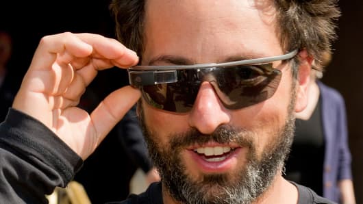 Sergey Brin, co-founder of Google Inc., wearing Project Glass internet glasses.