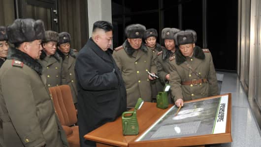 North Korean leader Kim Jong Un (C) inspecting a firing exercise in North Korea.