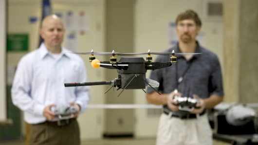 A prototype quadrotor unmanned aerial vehicle (UAV) in the Unmanned Systems Laboratory at the Naval Postgraduate School is tested on Septempter 30, 2011 in Monterey, California.