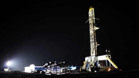 A Cabot Oil & Gas natural gas drill is viewed at a hydraulic fracturing site in Springville, Pa.