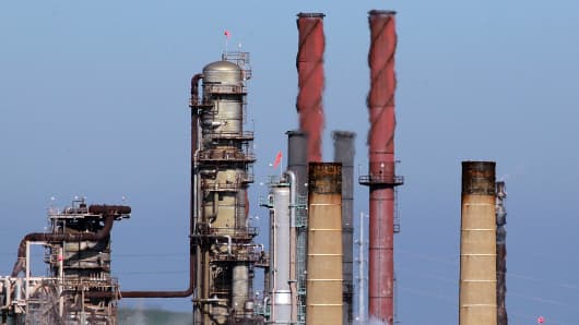 Heat rises from stacks at the Chevron refinery in Richmond, California.