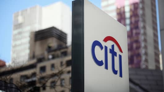 A sign is displayed outside Citigroup Center in New York.