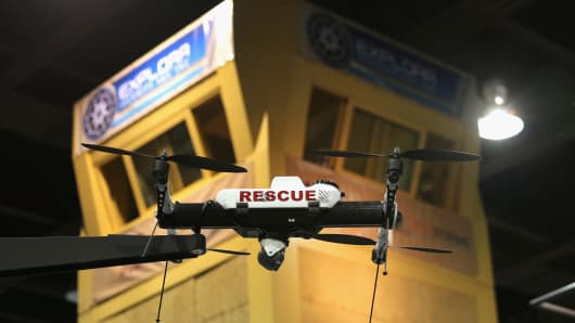 A drone on display in the exposition hall of the Border Security Expo in Phoenix