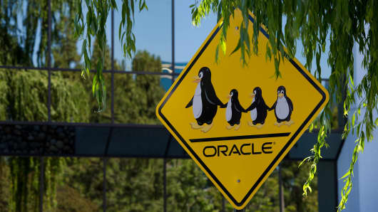 A pedestrian crossing sign is seen at the Oracle Corp. campus in Redwood City, California, U.S.