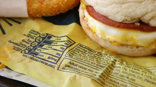 Nutritional information is printed on the wrapper of a McDonald's Egg McMuffin in San Rafael, California