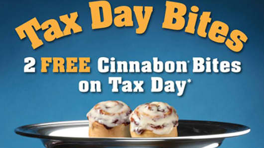 Cinnabon is one of many restaurants offering customers tax relief on April 15, 2013.