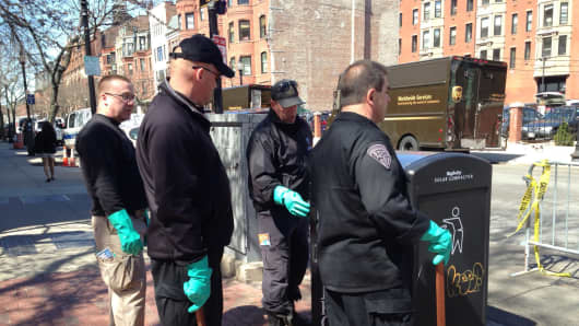 FBI and investigators continue to search the area for more bomb devices following the Boston Marathon bombings.