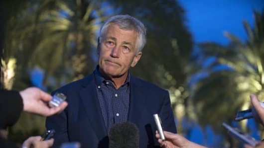 U.S. Secretary of Defense Chuck Hagel speaks with reporters after reading a statement on chemical weapon use in Syria.