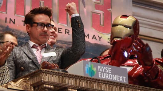 Robert Downey Jr. rings the opening bell at the New York Stock Exchange as Iron Man 3 debuts in New York City.