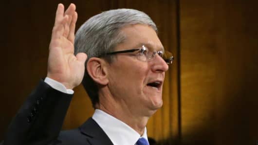 Tim Cook is sworn in at a Senate hearing about the company's offshore profit shifting and tax avoidance.