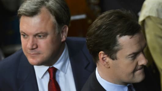 Britain's Chancellor of the Exchequer George Osborne (R) and shadow chancellor Ed Balls