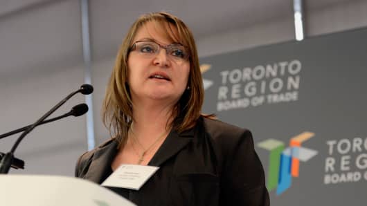 Christine Day, CEO of Lululemon Athletica Inc., speaks during an event in Toronto, Ontario, Canada, Feb. 15, 2013.
