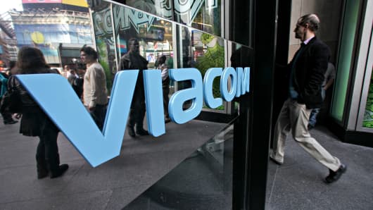 A man enters Viacom headquarters in New York.