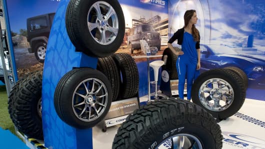 Cooper tires on display at a motor show in Santiago, Chile.