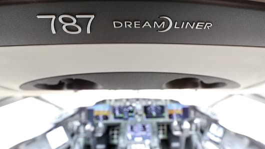A Dreamliner logo sits in the cockpit of a Boeing Co. 787 Dreamliner aircraft on the first day of the Paris Air Show in Paris, France.