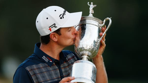 Justin Rose of England kisses the U.S. Open trophy after winning the 113th U.S. Open at Merion Golf Club on June 16, 2013 in Ardmore, Pennsylvania.