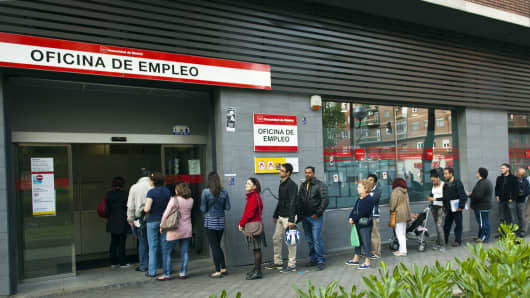 A queue outside a job center in Madrid.