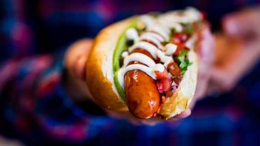 A hot dog from Bubbledogs, which serves gourmet hot dogs with fine champagne