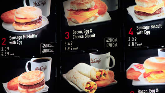 Items on the breakfast menu, including the calories, at a McDonald's restaurant in New York.
