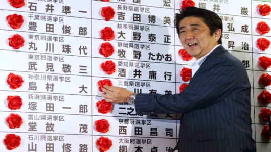 Shinzo Abe, Japan's prime minister and president of the Liberal Democratic Party (LDP), places a red paper rose on an LDP candidate's name to indicate an upper house election victory on Sunday, July 21, 2013.