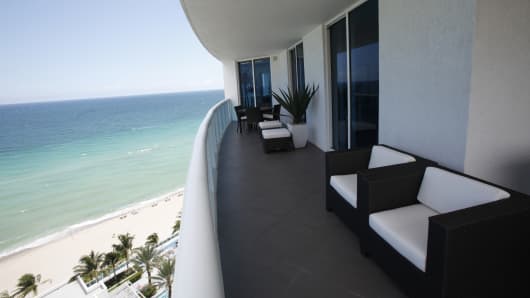 A balcony overlooking the Atlantic Ocean at the Trump Hollywood condominiums in Hollywood, Fla. Latin Americans have contributed to ending the real estate crisis in South Florida by snapping up luxury condos, but recent data shows foreign sales are slowing.
