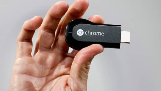 The Google ChromeCast displayed in San Francisco, California, on July 24, 2013.